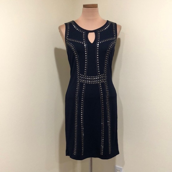 Carmen Marc Valvo Cocktail Dress Size Small Navy Blue Studded - Picture 2 of 8